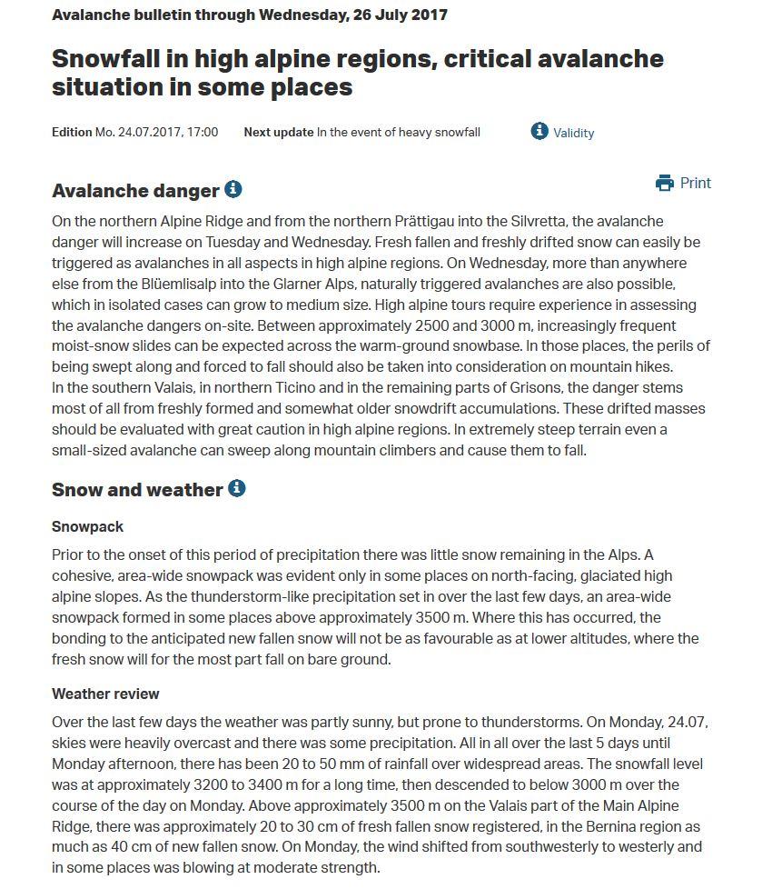 Avalanche Bulletin Interpretation Guide 14 Bulletin in plain text format From early summer until autumn, in case of heavy snowfall an avalanche bulletin is published in plain text format.