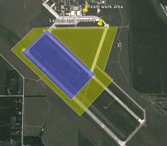Competition flight area, Southport airport The yellow section corresponds to the flight boundaries and the blue area is the area of interest.