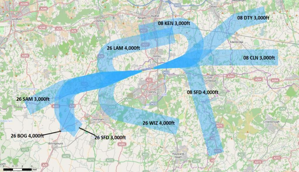 Departures Track Keeping All jet aircraft leaving Gatwick Airport should follow flight paths known as Noise Preferential Routes (NPRs) up to a height of 3,000ft or 4,000ft depending on the route.