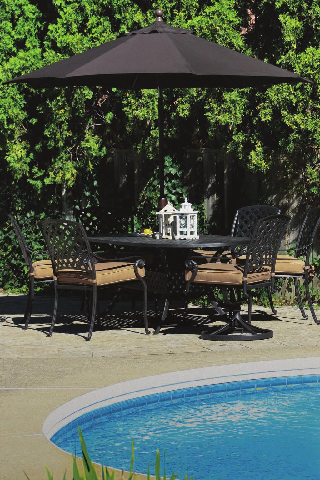 Easy to clean and with a little armrest flare, the cast aluminum chairs are the perfect compliment
