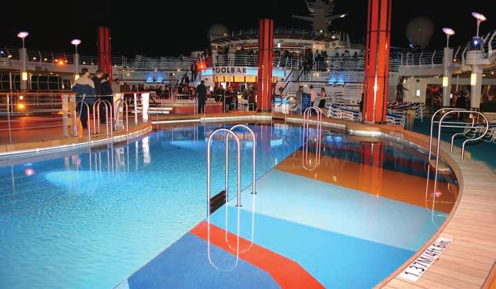 Deck 14. 32 READY, SET, SAI! Main Pool: Deck 11. 1,200 Solarium Pool: lass-canopied, adults-only pool. Deck 11. 700 Pool Bar: Deck 11. Solarium Bar: Deck 11. Wipe Out Bar: Deck 13.