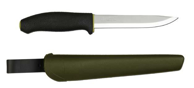 The contoured grip ensures safe handling in marine environments. Serrated edge with blunt tip to prevent injuries.