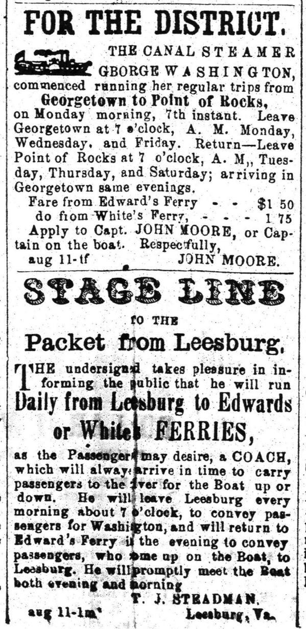 In the same Dec. 8th newspaper, Lewis Peacock offered his stage line connecting Washington to Winchester, touching at PICKETT'S HOTEL, Leesburg, from Oct. 13, 1856 until March 2, 1866, at least.
