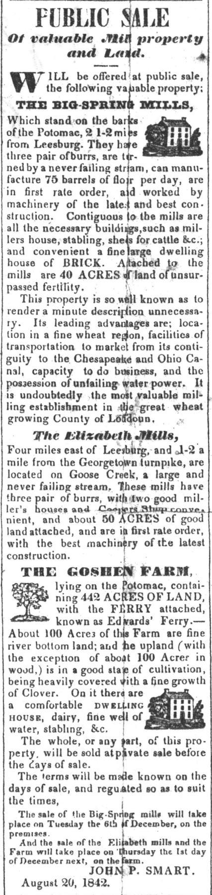 The adjacent advertisement, also placed on August 20, 1842, locates and describes the three properties, with their appurtenances.