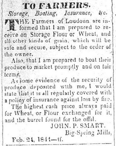 As noted from the below advertisement, placed February 24 through May 25, 1844, at least, John B. Smart could store flour or grain safe and secure and then boat it to market as the farmer ordered.
