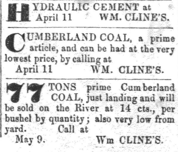 In the spring of 1851, after the canal had opened, Wm. Cline advertised: John W. Gover was bringing merchandize from both Williamsport (lime) and Cumberland (coal), probably by canal.
