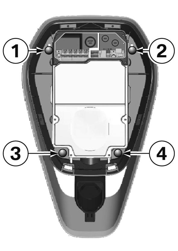 Pričvršćivanje uređaja Wallbox 1. Nakon uvođenja kabela objesite Wallbox na dva gornja vijka s tanjurastim glavama 1 i 2.