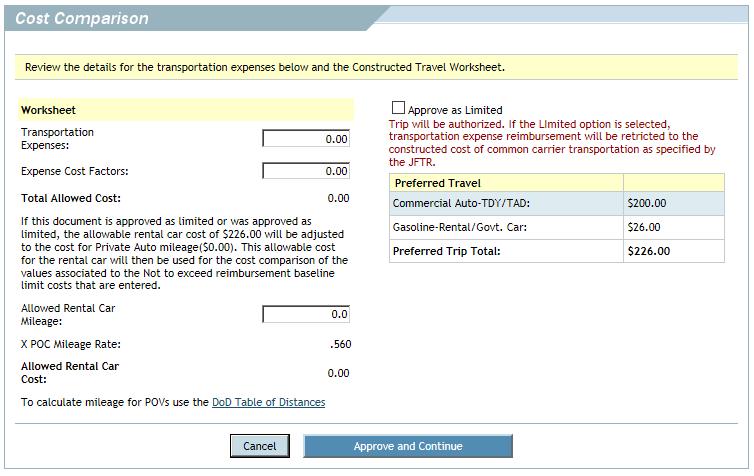 III. AO Instructions For trips that contain constructed travel, after you submit the voucher as APPROVED, the Cost Comparison screen opens (Figure 1).