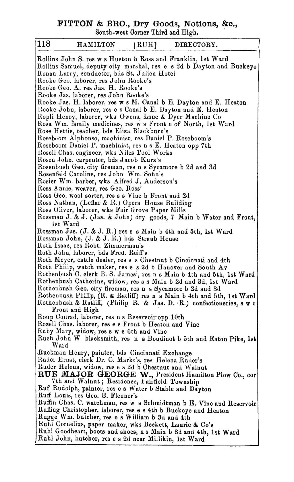 FITTON & BRO., Dry Goods, Notions, &0., South-west Corner Third and High. 118 HAMILTON [RUB] DIRECTORY. Rollins John S.