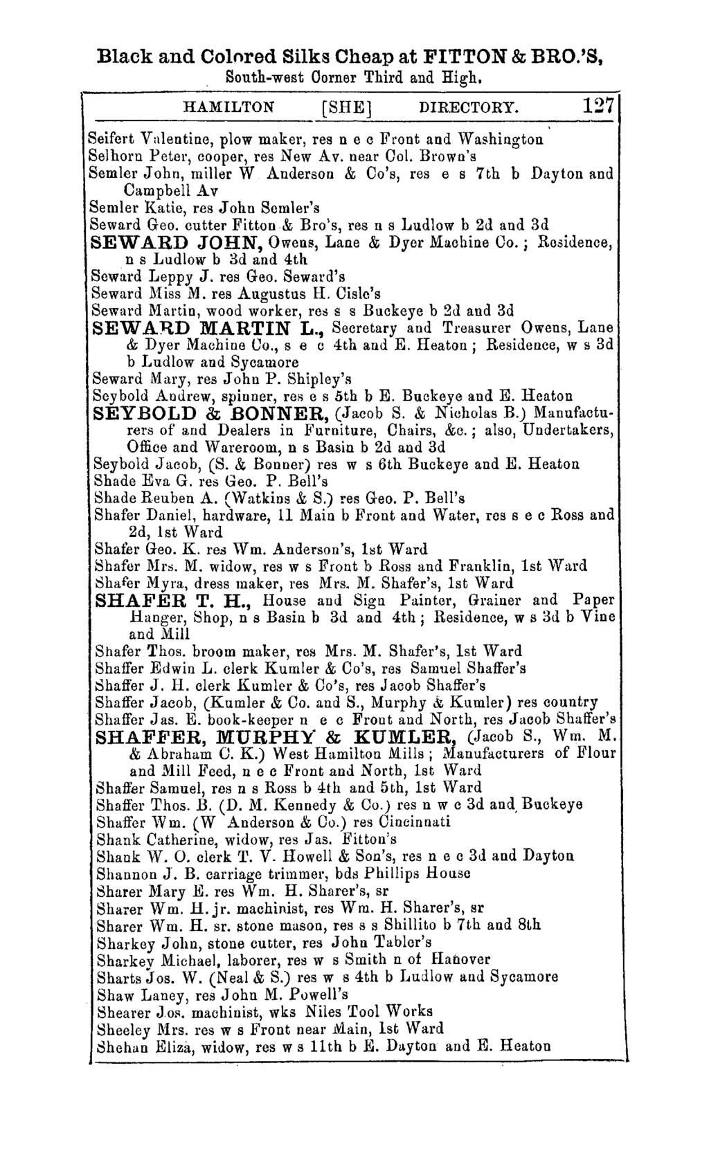 Black and Colnred Silks Cheap at FITTON & BRO.'S, South-west Oorner Third and High. HAMILTON [SHE] DIRECTORY.