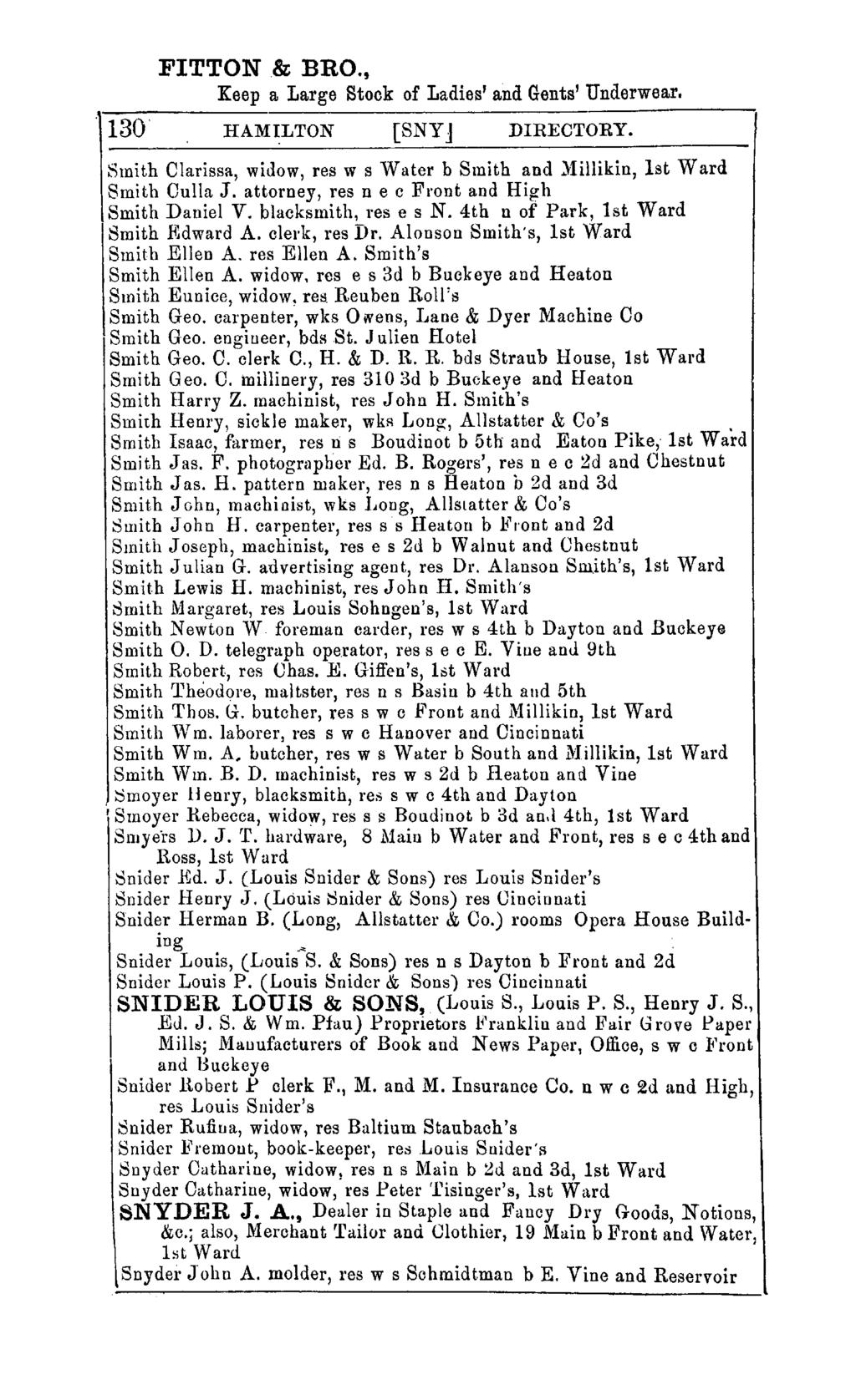 FITTON & BRO., Keep a Large Stock of Ladies' and Gents' Underwear. 130 HAMILTON [SNYJ DIRECTORY. Smith Clarissa, widow, res w s vvater b Smith and )lillikin, 1st Ward Smith Culla J.