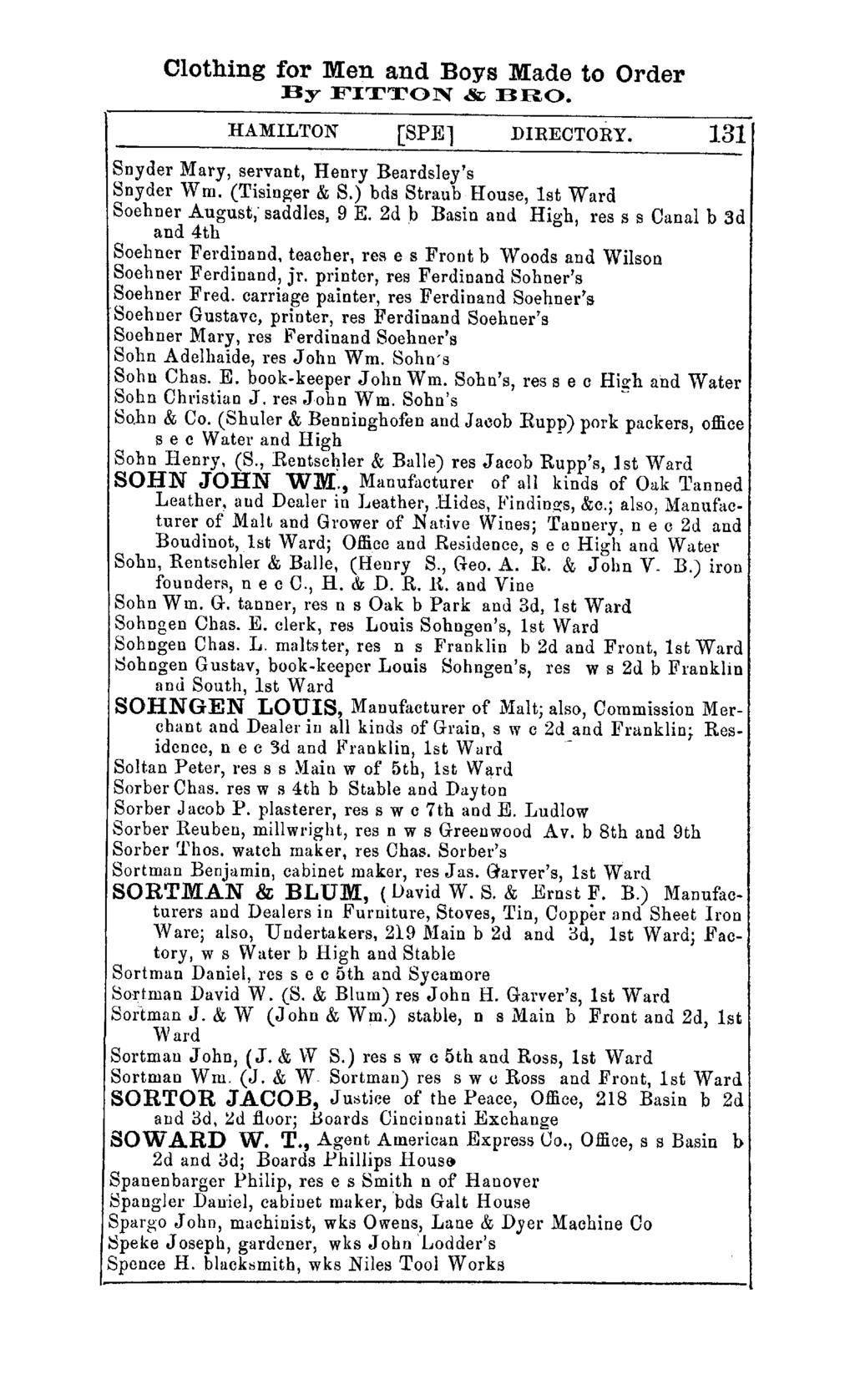 Clothing for Men and Boys Made to Order By FITTON & BRO. HAMILTON [SPEl DIRECTORY. 131 Snyder Mary, servant, Henry Beardsley's Snyder 'Vm. (Tisinger & S.