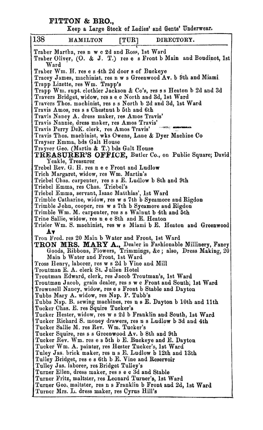 FITTON & BRO., K~ep a Large Stock of Ladies' and Gents' Underwear. 138 HAMILTON [TUR] ])IRECTORY. Traber Martlla, res n w c 2d and ROSF, 1st Ward Traber Oliv~r, (0. & J. T.) res e s Front b Main and Boudinot, 1st Ward Traber Wm.