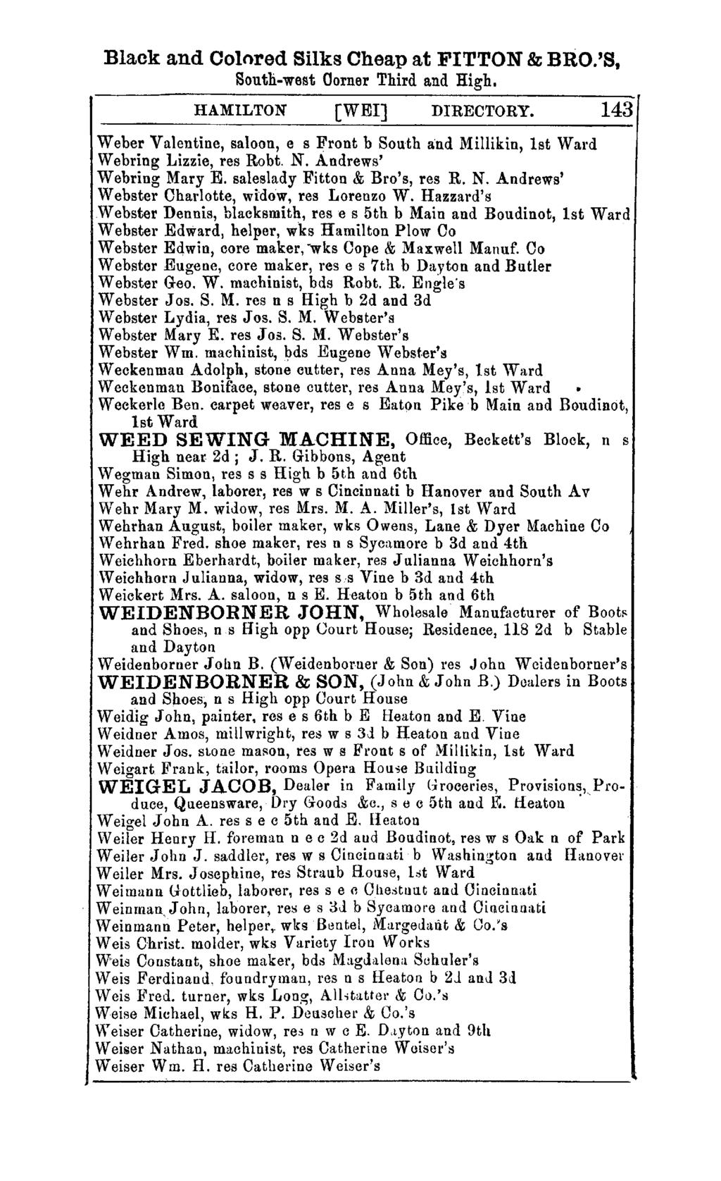 Black and Colored Silks Cheap at FITTON & BRO.'S, South-west Oorner Third a.nd High. HAMILTON [WEI] DIRECTORY.