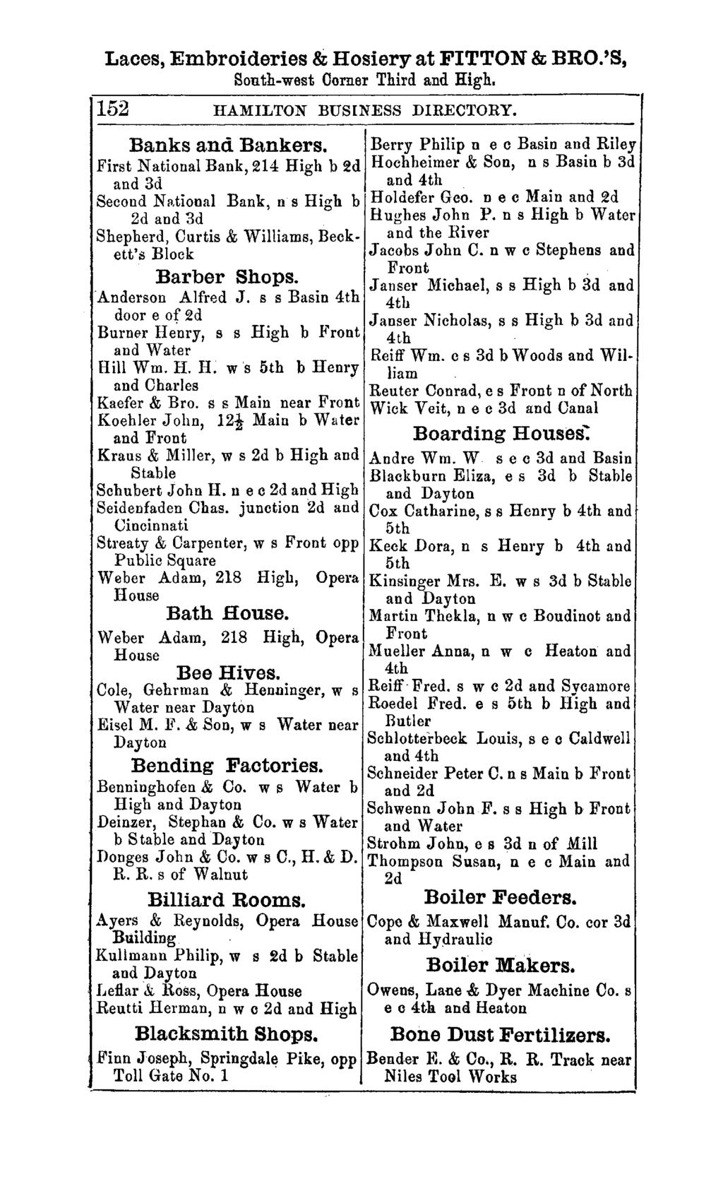 Laces, Embroideries &; Hosiery at FITTON & BRO.'S, South-west Oorner Third and High. 152 HAMILTON BUSINESS DIRECTORY. Banks and Ba.nkers.
