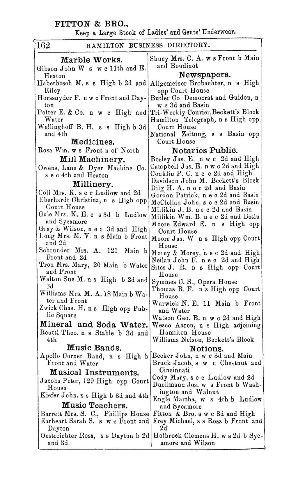FITTON & BRO.,. '162 Keep a Large Stock of Ladies' and Gents' Underwear. HAMILTON BUSINESS DIRECTORY. r Marble Works. Shuey Mrs. O. A. w s Front b Main Gibson John Wsw c 11 th and E.