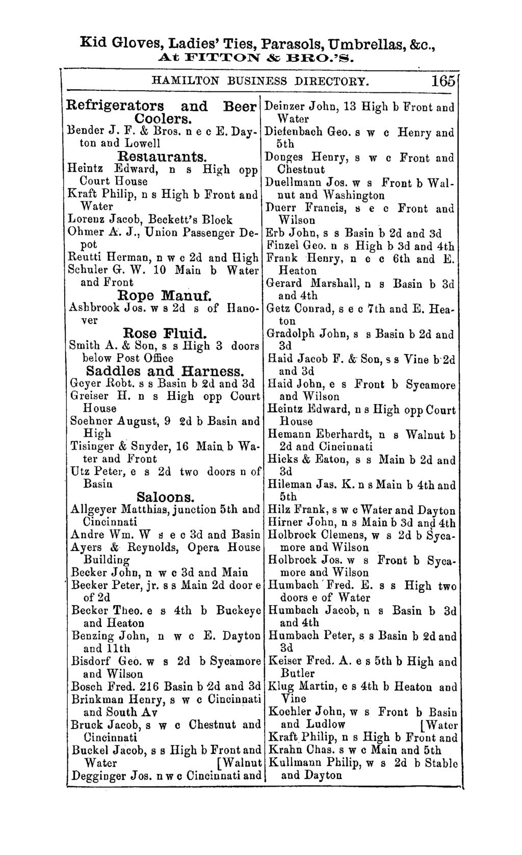 Kid Gloves, Ladies' Ties, Parasols, Umbrellas, &c., At FITTON & 13&0.'8. HAMILTON BUSINESS DIRECTORY. 165 Deinzer John, 13 High b Front and Water Diefenbach Geo.