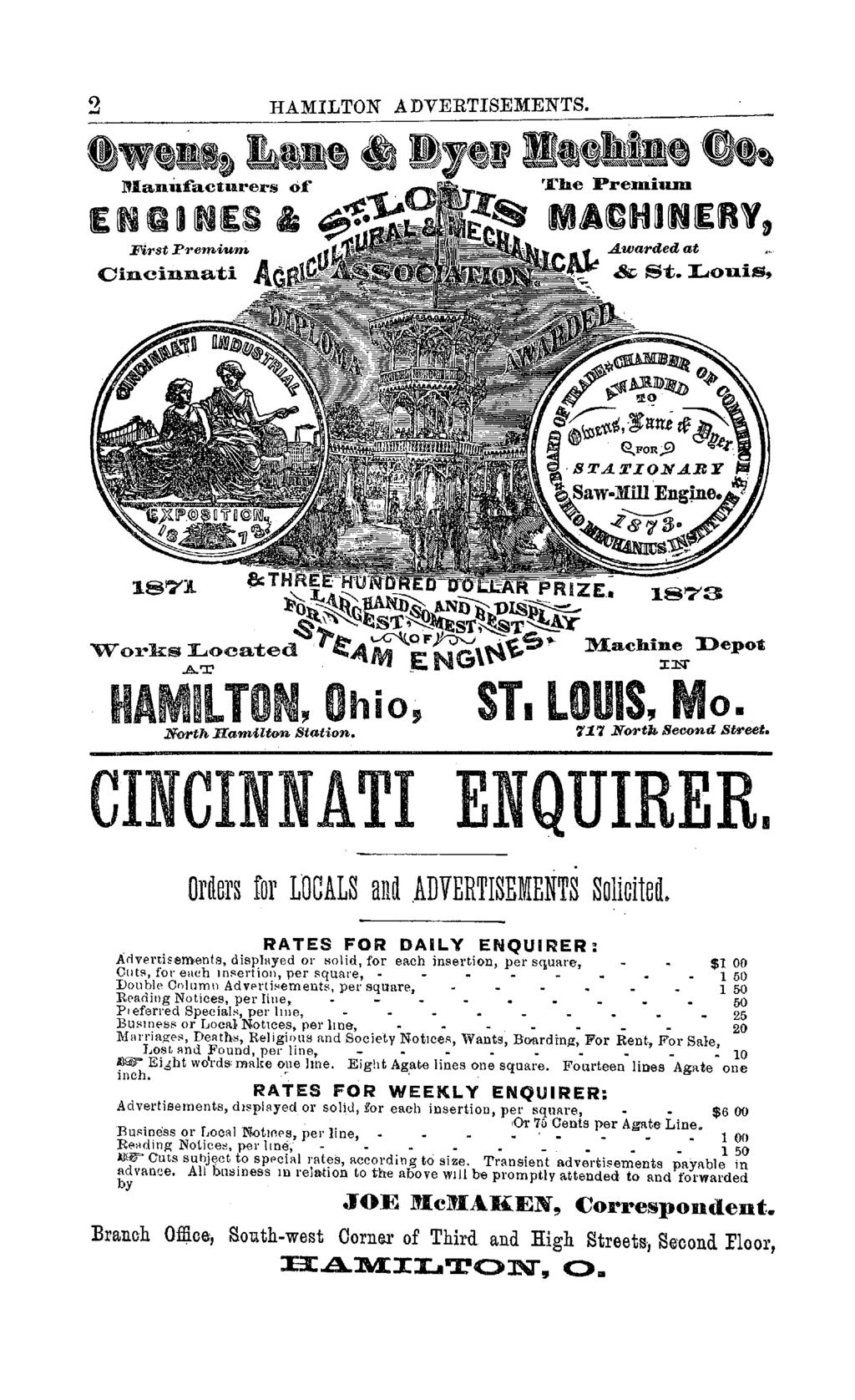 2 HAMILTON ADVERTISEMENTS. Awarded at Cincinnat.i & S"t. Louis, &:T l''o ~\ ~)-~ ~o. "W"orks!:;oca-ted. ~ANJ ~ NG\~ 187"'3 Machine Depot IN til ~LTON, Ohio, ST. LOUIS, o. North Hamilton Station. '1:1.