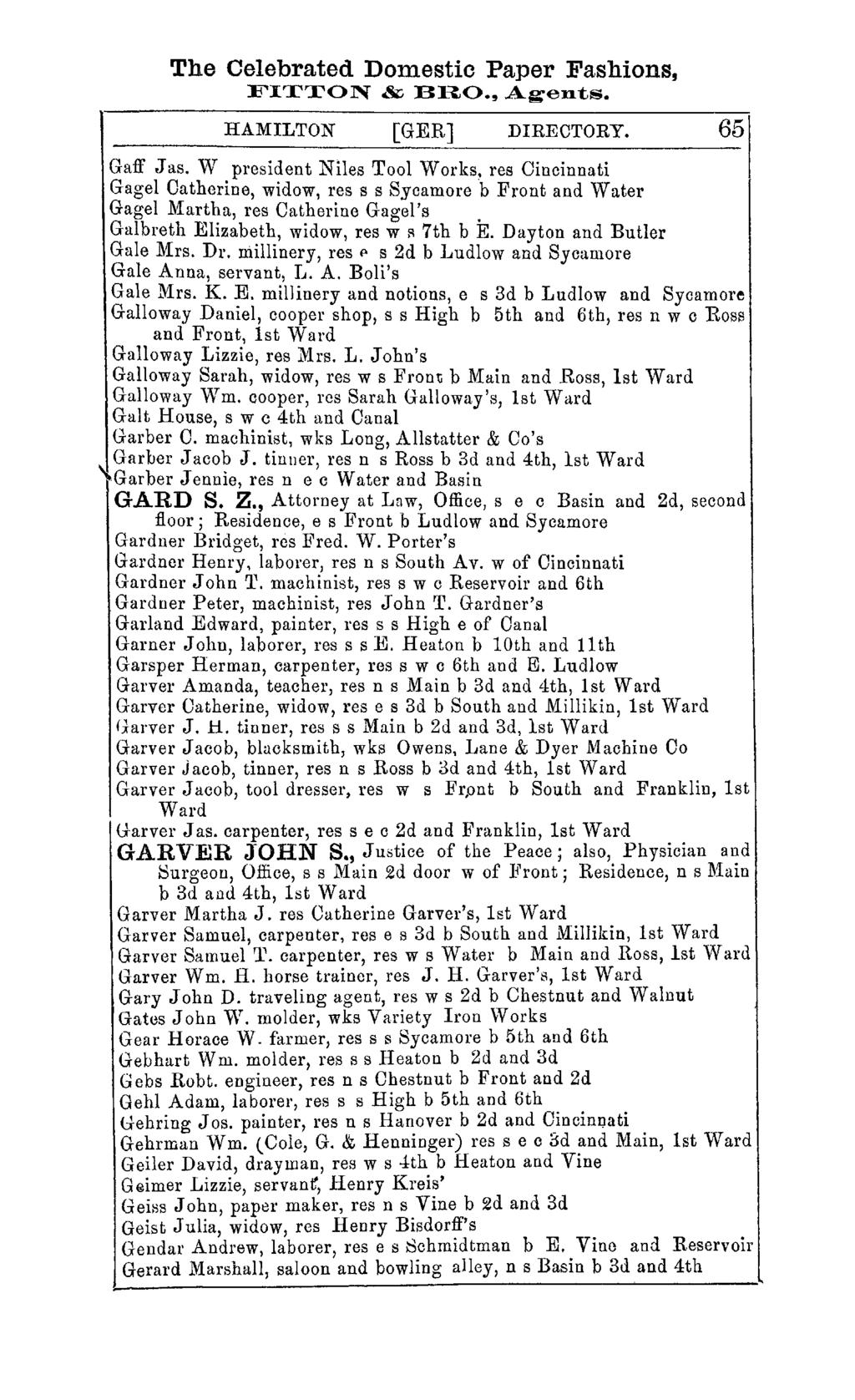 The Celebrated Domestic Paper Fashions, FITTON & BRO., Agents. HAMILTON [GER] DIRECTORY. Gaff J as.