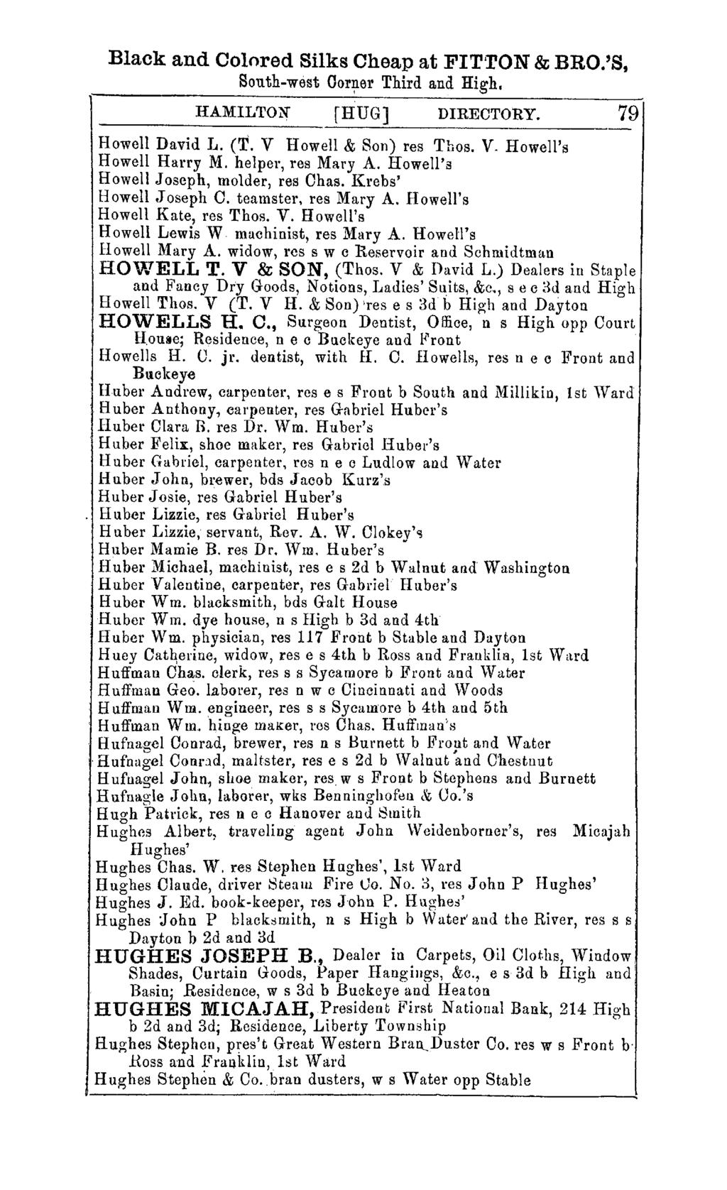 Black and Colored Silks Cheap at FITTON & BRO.'S, South-west OorJ?er Third and High. HAMILTO~ [HUG] DIRECTORY. 79 Howell David 1.1. CT. V Howell & Son) res Thos. V. Howell's Howell Harry M.
