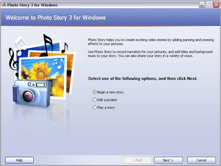 Photo Story 3 for Windows (1) Begin a new story Započnite kreiranje nove priče.