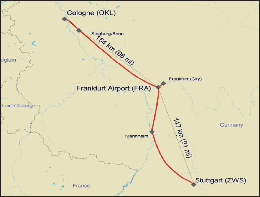 53 Figure 2.16. Location of the two services (20). FRA to QKL. This service started in May 2003. A new HSR link halved the travel time by train to FRA to 51 min.
