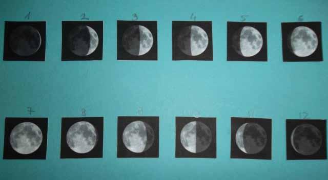 IZ ŠOL in vrtcev Slika 6: Primer tabele z obarvanim vidnim delom Lune, kot jo je otrok videl med opazovanji tili samo na določen dan, vse ostale oblike pa pravilno pobarvali.