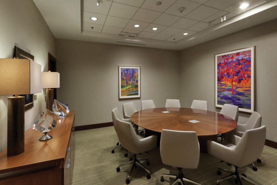 A/V available - 2 projectors and 2 screens. Privacy shades. In close proximity to caterer prep kitchen, restrooms, and coat closet. Built-in serveries in the room. Circular conference table for 10.