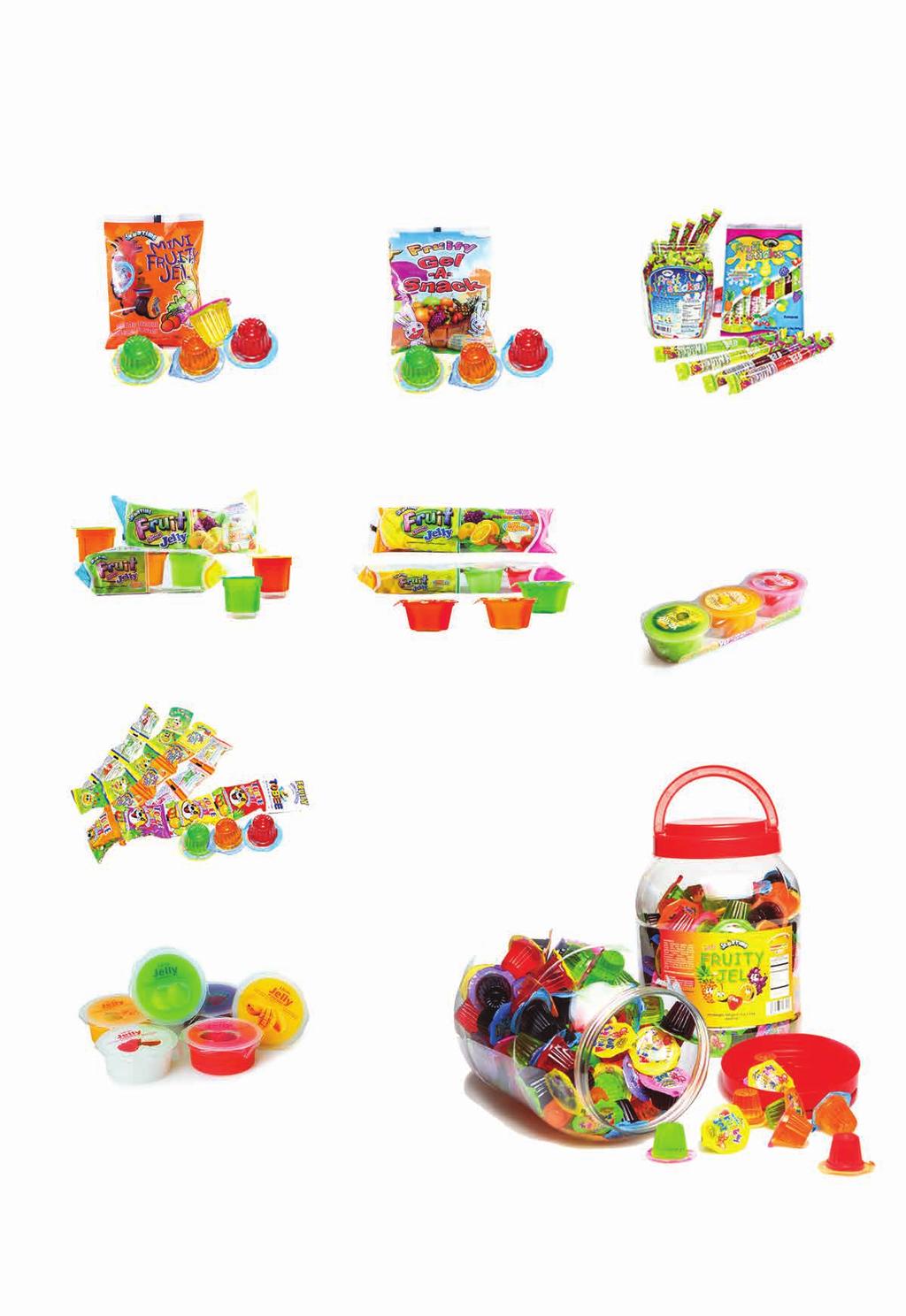 Jellies Mini Fruity Jelly Packing: 24 packs x 10 pcs. x 14 g. Loadability: 1,589 cases/20 footer Gel a Snack Packing: 24 packs x 10 pcs. x 14 g. Loadability: 1,589 cases/20 footer Fruit Sticks Packing: 10 bags x 20 pcs x 20 g.