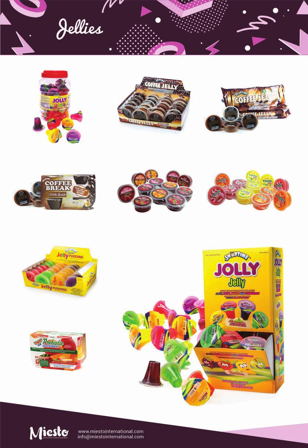 Jellies Jolly Jelly in Jar Packing: 6 jars x 38 pcs. x 40 g. Loadability: 729 cases/20 footer Coffee Jelly Display Packing: 4 innerboxes x 24 pcs. x 80 g.