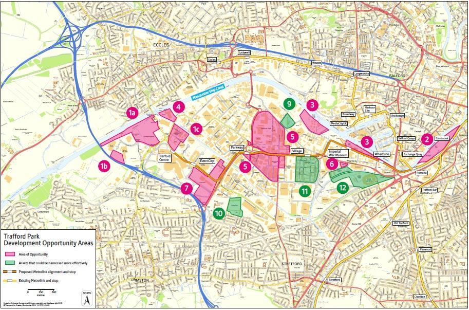 4.4.13 The Growth Strategy assessment for Trafford Park has identified a number of sites that are seen as areas of opportunity or assets that could be harnessed more effectively. As shown in Figure 4.