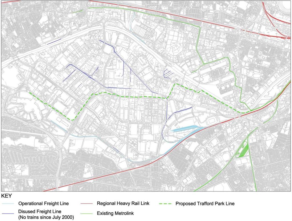 Figure 8.1 Existing Heavy Rail Network within Trafford Park and existing and proposed Metrolink network. 8.2 