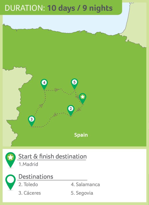 TOUR OVERVIEW Journey deep into the heart of Spain over 10 spellbinding days exploring the historic regions of Castile and Extremadura.