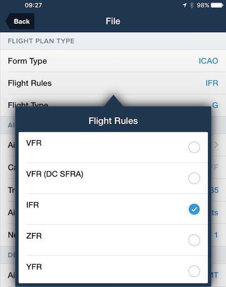 Flight Rules ForeFlight Mobile currently supports VFR and IFR, and VFR (DC SFRA) ICAO flight plans. Other countries may also allow YFR and ZFR flight plans, but those are not yet supported in the US.