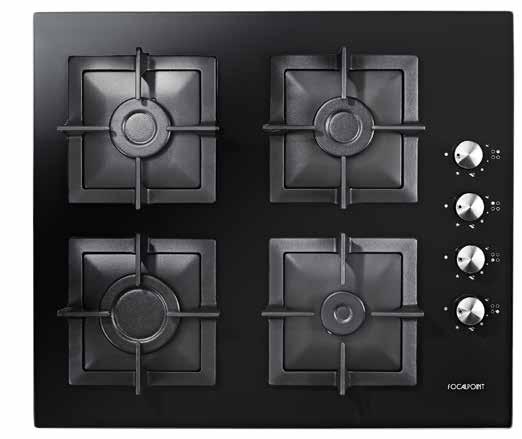00 Glass Panel Built in Hob Product Specification: 60cm built in hob Energy rating: 4 Gas Euro pool type burners Control location: Side controls Ignition from the control knob Square cast iron pan