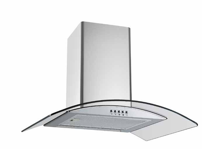 50 S/Steel Curved Glass Cooker Hood Product Specification: Stainless Steel with Glass canopy Extraction Power: 550m³/hr Power levels: 3 Speed Controls: Push buttons Lighting: 2x1.