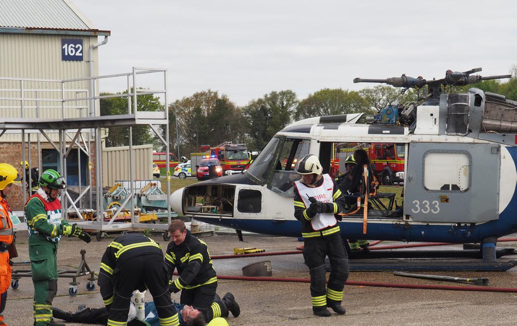 The scenario used for the exercise was that a helicopter had crashlanded on Vector s Fleetlands site, landing on two cars before slamming into a hangar, causing multiple injuries and fires.