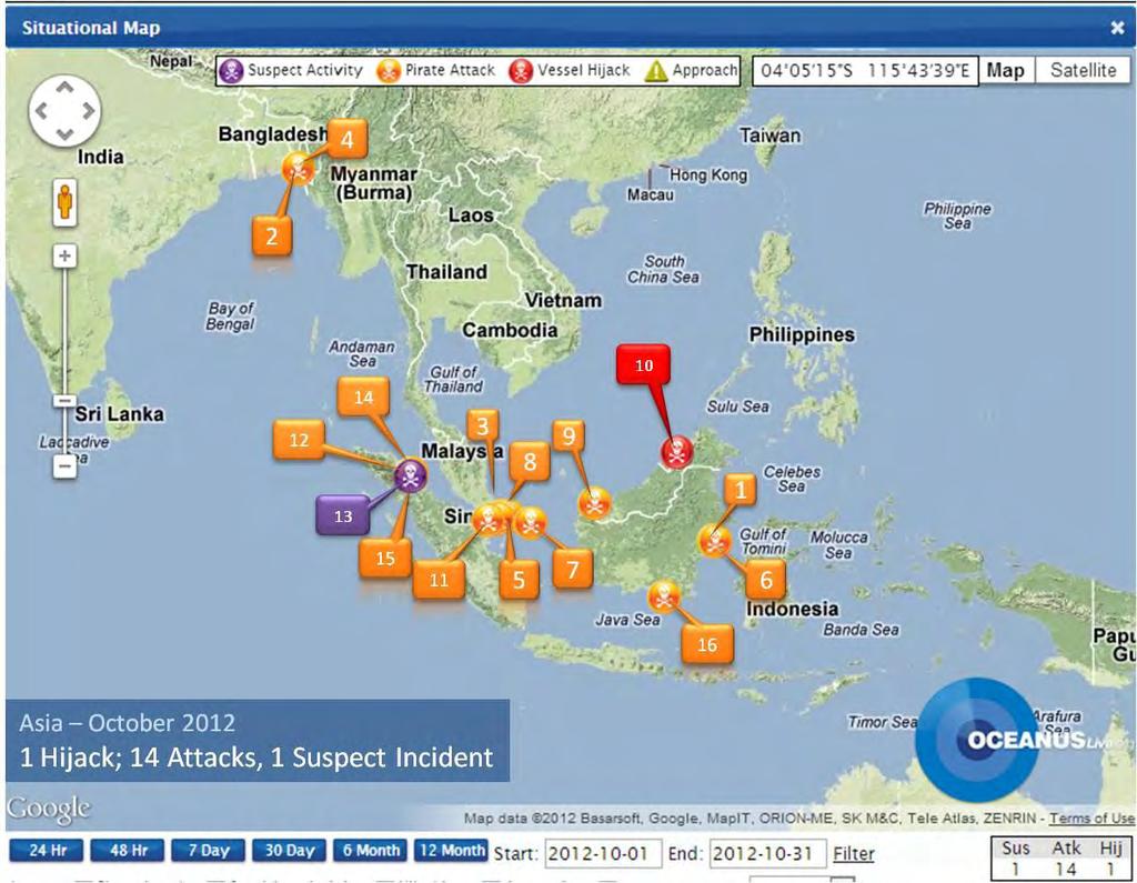 Southeast Asia Southeast Asia Fig 3: South East Asia South East Asia Piracy and Robbery At Sea October 2012 Serial Date Vessel Name Flag/Type Location (Type of Incident) 1 5 Oct Ken Spirit Panama