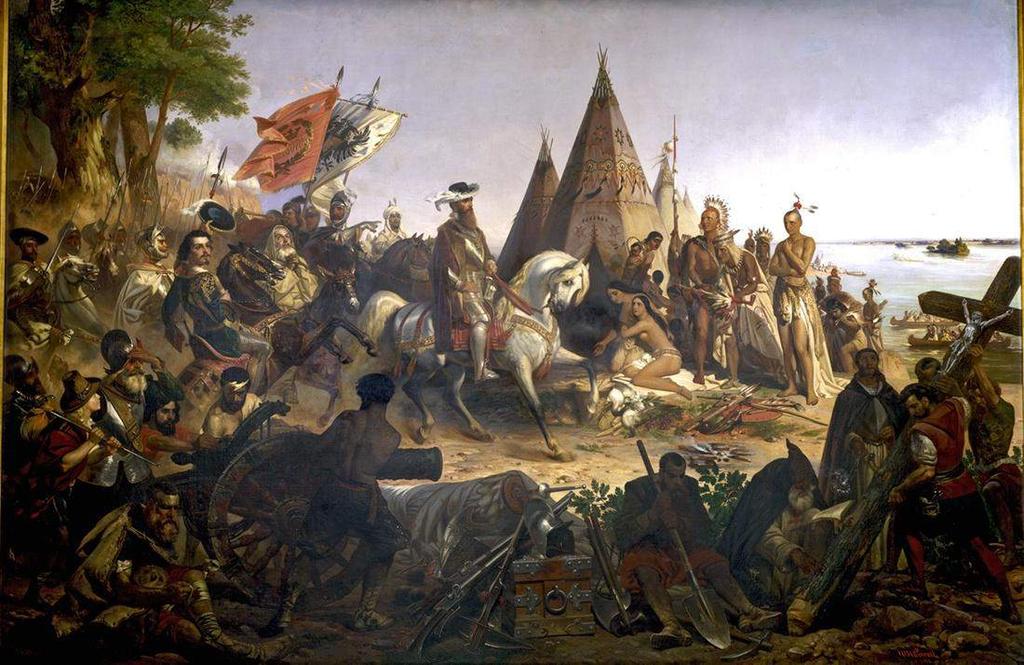 De Soto and his men were was the first Europeans to see the Mississippi River. This is a romanticized depiction of Hernando de Soto seeing the Mississippi River for the first time.