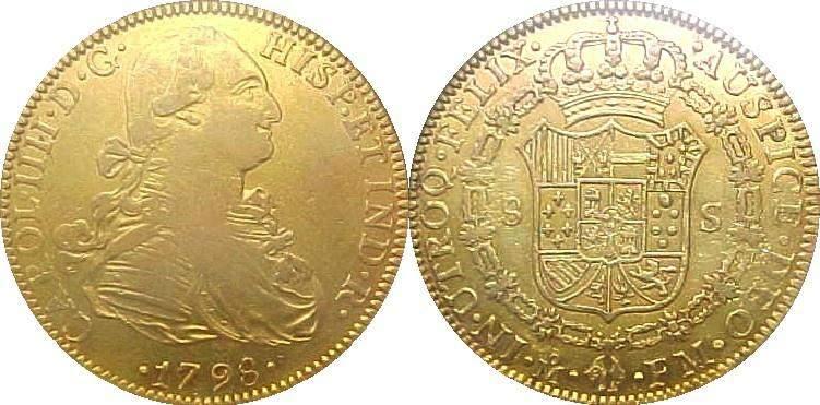 First, the Spanish wanted to acquire riches. This image shows a Spanish gold doubloon stamped as minted in 1798.