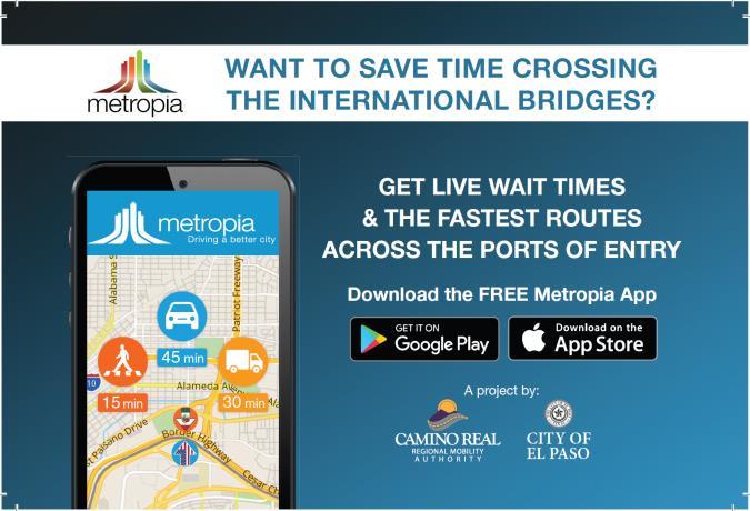 Metropia Bridges App App Launch Soft Launch Friday, March 3 st, 207 3,000+ new accounts created thus far Download cards distributed at: City-owned POEs Fideicomiso de Puentes Fronterizos (NB toll