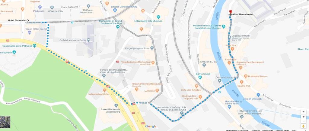 A bus will pick up delegates staying in a hotel on the Kirchberg Plateau and at the airport at 19:00; Neumünster Abbey is within walking distance to the Simoncini hotel (use the elevator at the Cité