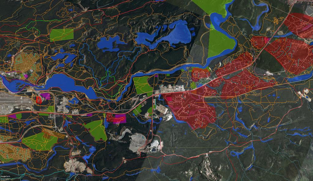 Map 5: 2015 Official Motorized Trail Network neighbourhoods: red rural, brown urban green KDFN, purple TKC yellow lines: