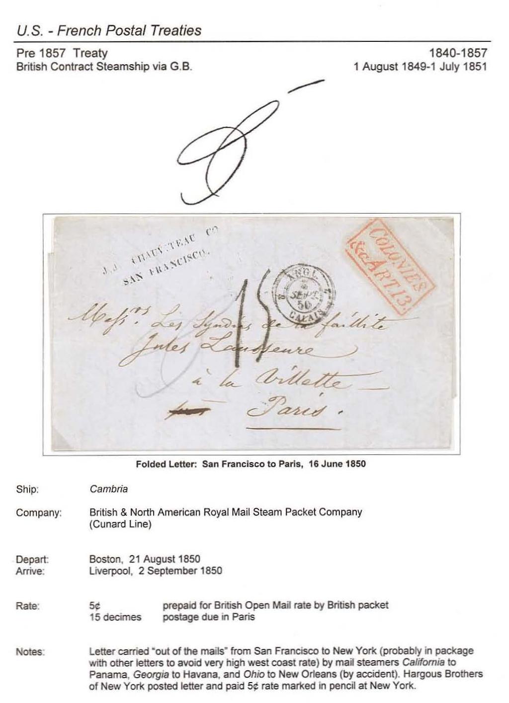 u. s. - French Postal Treaties Pre 1857 Treaty British Contract Steamship via G.B. 1840-1857 1 AU9ust 1849-1 July 1851 <./.