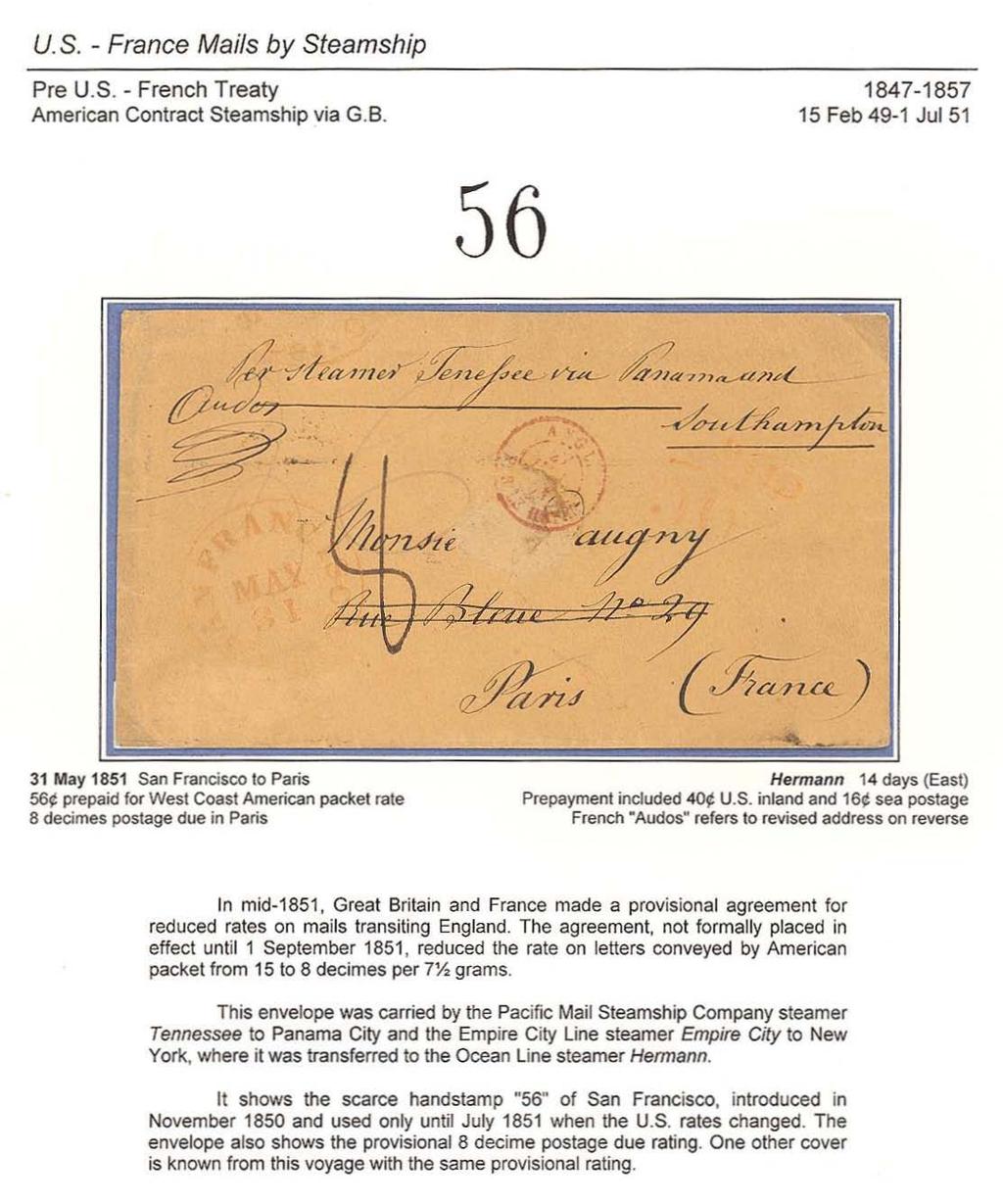 u. S. - France Mails by Steamship Pre U.S. - French Treaty American Contract Steamship via G.B.