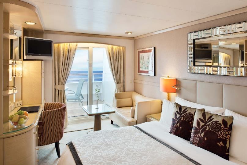 per person, per day; Data port for laptop computer hook-up; 24- hour room service; Fast-track Check-in on board ship. Deluxe Stateroom with Verandah from $3,080 USD Approx.