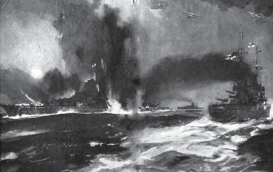 This dramatic wartime drawing purports to show HMS Dorsetshire firing the torpedo that finally sank the German battleship Bismarck on 27 May 1941.