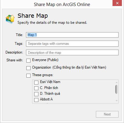 - Share Map dùng để chia sẻ toàn bộ bản đồ đã thực hiện như một webmap, đồng thời xuất bản