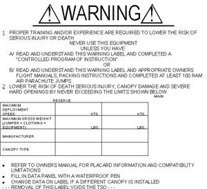 Rigger Information ORANGE WARNING LABEL PLACARD DATA As part of the manufacturers requirements, the ORANGE WARNING!