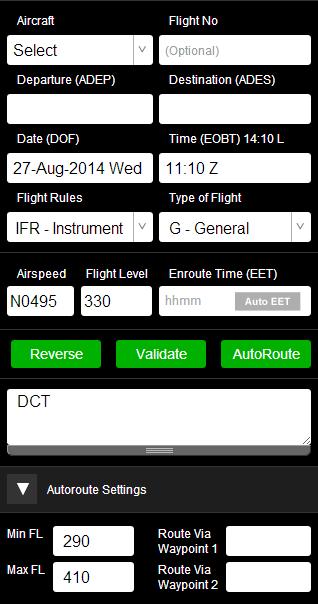 1. Preparing a Route 1.1 Steps for Preparing an IFR Route 1.1.1 Main Menu - Click Plans. 1.1.2 Plans Menu - Click New Plan. 1.1.3 Select Aircraft - This will load Default Airspeed, Flight Level. 1.1.4 Enter Departure (ADEP) and Destination (ADES).